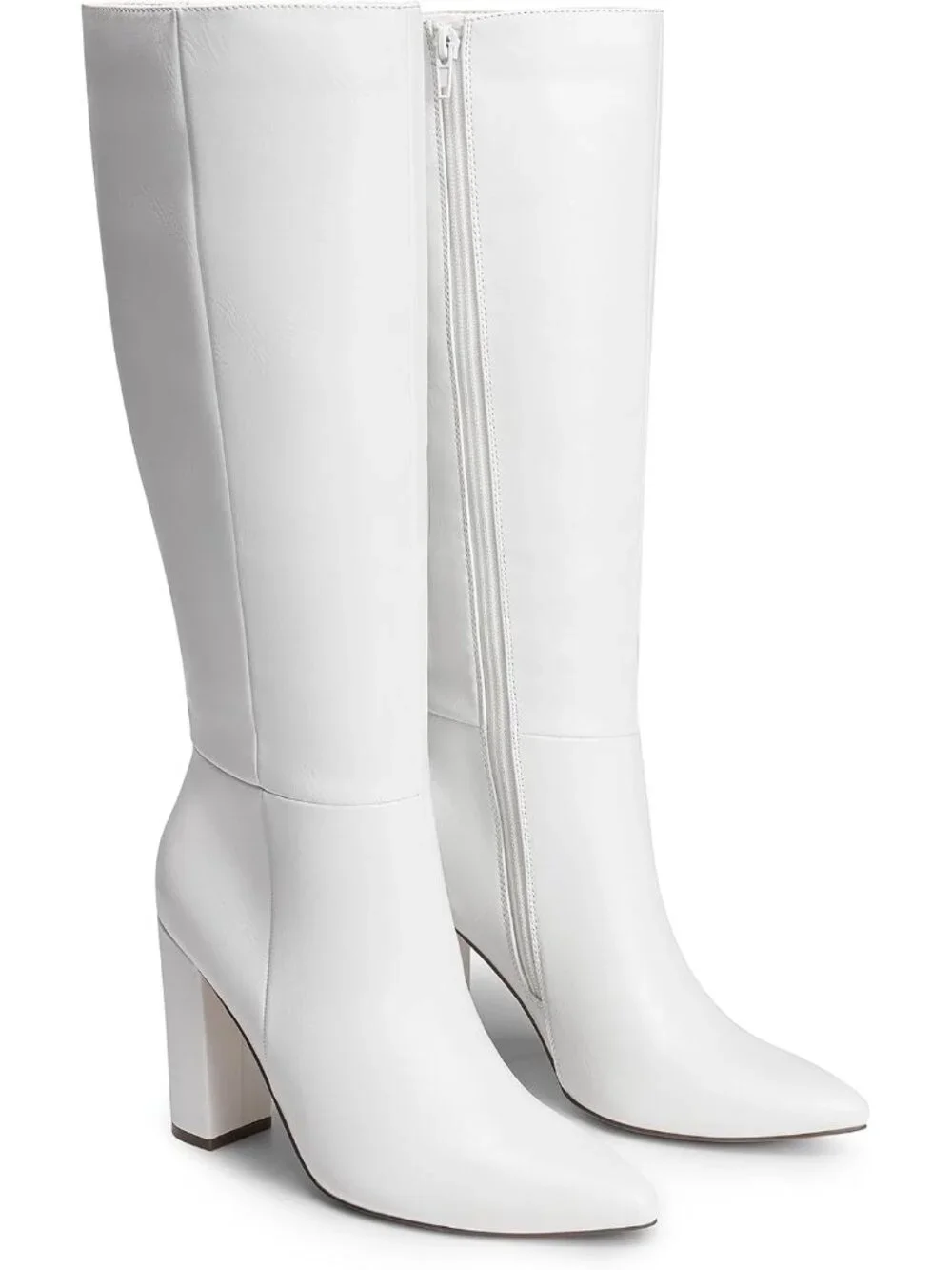 Women's White Faux Leather Chunky Heel Pointed Toe Side Zipper Knee High Boots